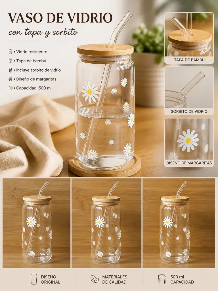 Vaso de vidrio con sorbito - Margaritas