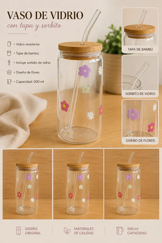 Vaso de vidrio con sorbito - Flores de colores