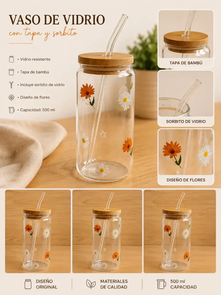 Vaso con sorbito - Flores naranjas